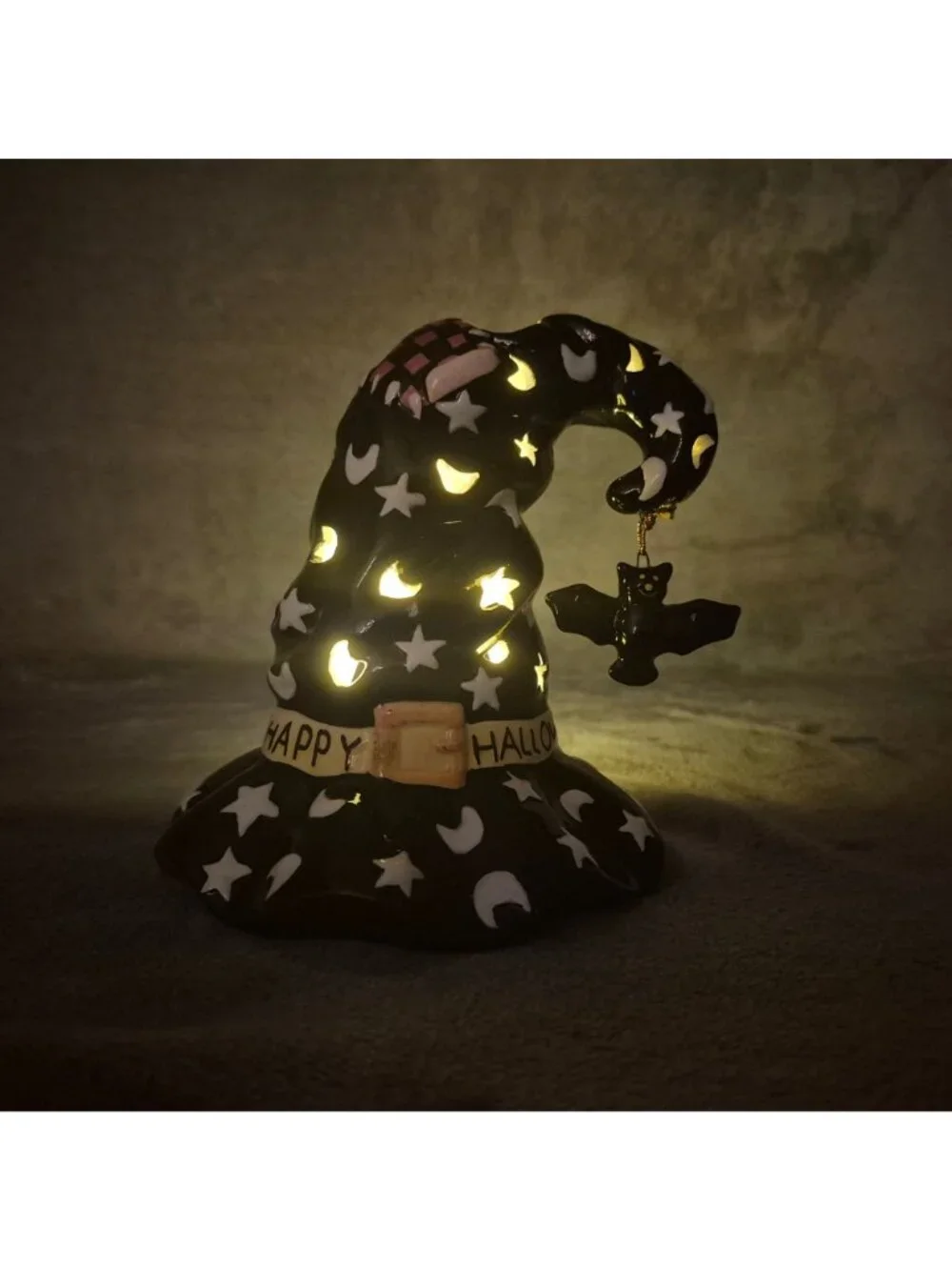 Happy Halloween Ceramic Witch Hat Candle Holder Bat Charm